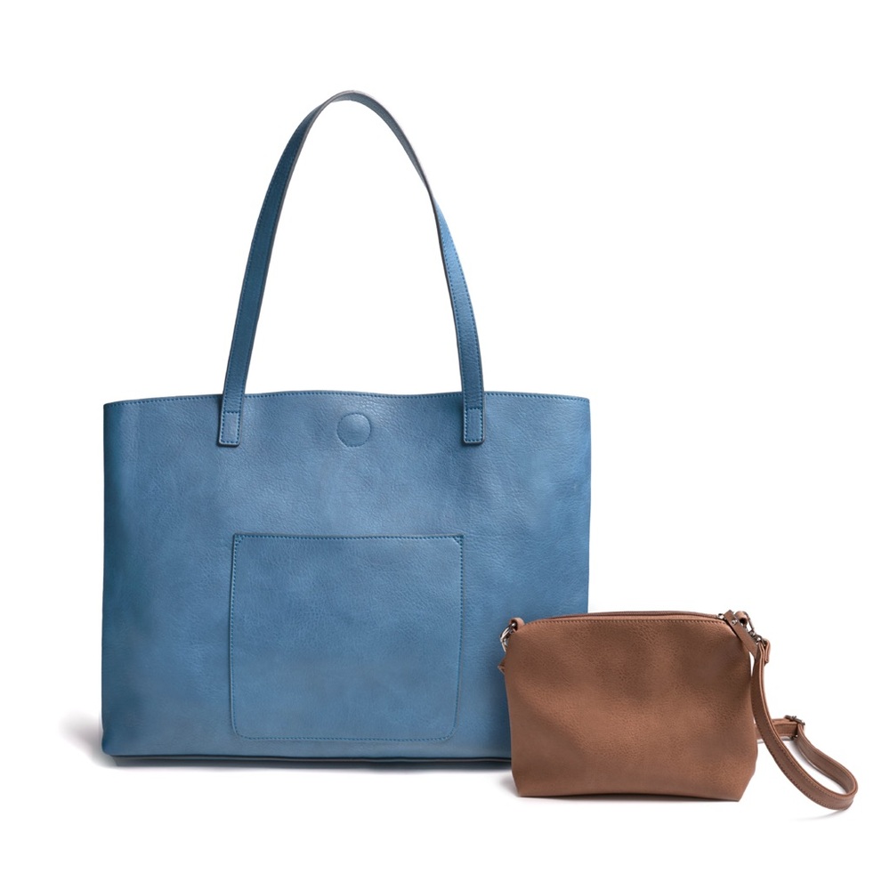 Burano Tote Handbag Vegan Leather 2 Piece Set Ocean Blue New